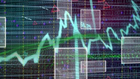 On data pulse cyan waveform moving right over binary while panels sliding, Stock Footage 335480834
