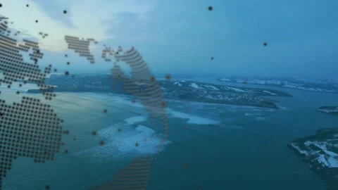 On data pulse dotted 3D globe overlay rotating and revealing coastline via Stock Footage 329751100