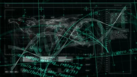On data pulse, dotted helix undulating and shifting while panels updating to Stock Footage 329551061