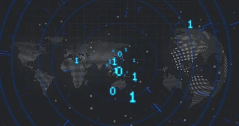 On data pulse, dotted map and globe shifting binary digits, flickering to show Stock Footage 328684788