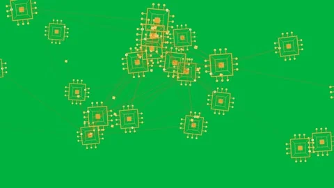 Data pulse driving chip cluster forming hub, orange links bundling, showing 스톡 동영상 329572792