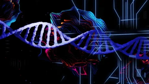 Data pulse driving DNA helix moving across, undulating, rotating, syncing with Stock Footage 334338021