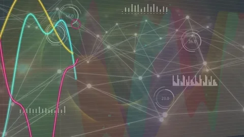 Data pulse driving node mesh, gauges updating, pink or yellow or cyan traces 動画素材 334788101