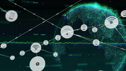 Data pulse driving nodes along waveform, visualizing technology network around 库存影片 332566525