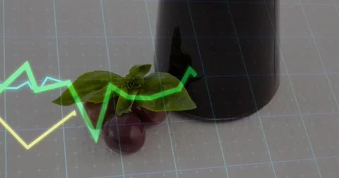 On data pulse faint line graphs moving across basil topped purple fruits, Stock Footage 328344391
