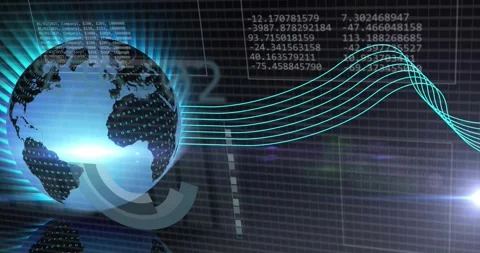 On data pulse globe emitting teal waves while panels collecting and analysing Stock Footage 328584581