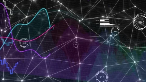 On data pulse, glowing node mesh revealing HUD, waveforms sweeping, gauges Vidéo 334884278