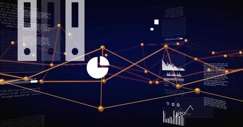 On data pulse golden node network pulsing and panels floating, updating charts 库存插图