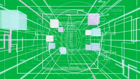 On data pulse grid tunnel forming, camera moving, cubes and labels showing flow, Stock Footage 335780861