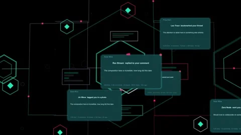 Data pulse, hexagon network pulsing, sending pink markers and spawning toasts to Stock Footage 335424840