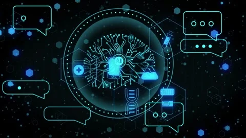 On data pulse, holo AI sphere pulsing while chat bubbles sliding in, Stock Footage 334337498