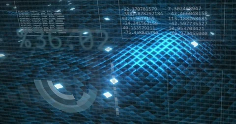 On data pulse, holographic 3D interface evolving mesh into HUD, panels sliding, Stock Footage 328584605