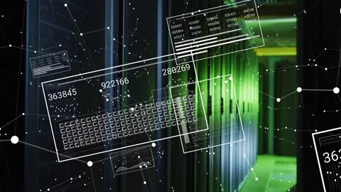 On data pulse HUD panels and keyboard sliding down-left, updating numeric Stock Footage 332577575