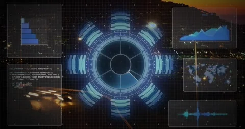 On data pulse HUD rotating sector sweeping, fill shifting, panels updating 動画素材 322119480