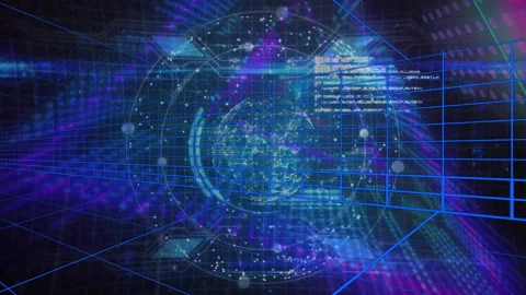 Data pulse initiating 3D globe spinning grid extending and code streaming Stock Footage 312116104