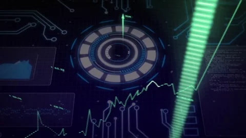 Data pulse initiating central HUD pulsing ring shifting pointer arrows rising Stock Footage 335651964