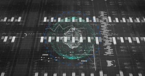Data pulse initiating, holographic sphere pulsing and rotating while bars Stock Footage 322706265