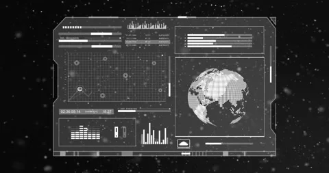 Data pulse initiating HUD console, populating left grid, rotating globe, Video stock 321162174