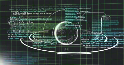 Data pulse initiating HUD, sphere expanding and rotating while code lines Stock Footage 329930018