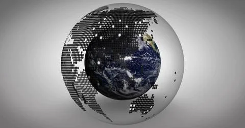 Data pulse initiating outer shell eroding, revealing realistic Earth globe for Stock Illustration