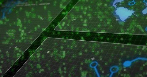 On data pulse layered grid and green markers drifting, panels sliding, revealing Stock Illustration