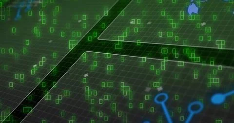 On data pulse layered grid and green markers drifting, panels sliding, revealing Stock Illustration