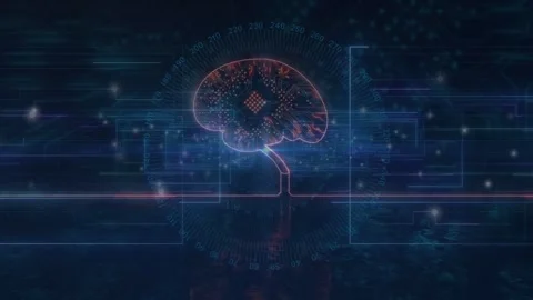 On data pulse neon brain brightening and pulsing, sending dots along circuits to Stock Footage 332772073