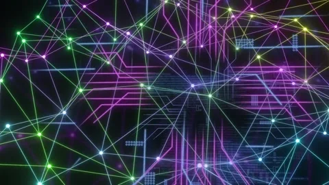 On data pulse neon neural network mesh pulsing, reconfiguring, layering code to Stock Footage 335739432