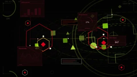 Data pulse powering linked hexes, marks moving, rings spinning, panels showing Stock Footage 335404333