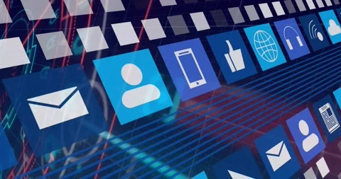 Data pulse sending diagonal blue icon tiles sliding, rotating, camera panning, 스톡 동영상 321783279