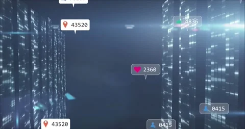 Data pulse sending notifications floating and clustering between light columns 스톡 동영상 320896489