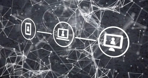 Data pulse sending three device icons forming technology chain while nodes Vídeos de archivo 331820268