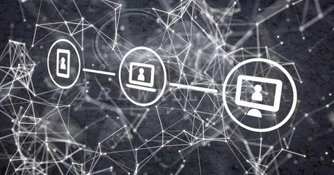 Data pulse sending three device icons forming technology chain while nodes Stock Illustration