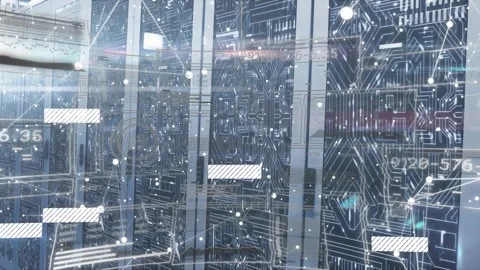 On data pulse server bank showing circuit overlay, striped bars stacking, Stock Footage 329752008