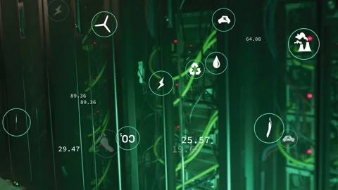 On data pulse, server rack with green cables showing telemetry icons, updating 動画素材 332577630