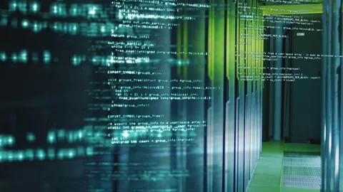 On data pulse, server racks sliding while code overlay scrolling, reflecting Stockbeeldmateriaal 335465685