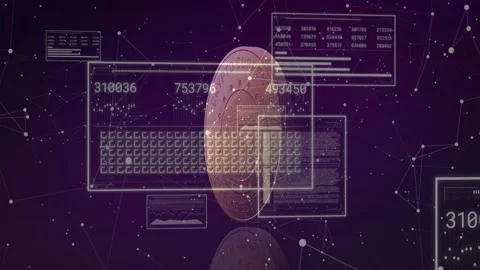 Data pulse sparking 3D crypto coin rotating panels sliding and numbers updating Stock Footage 328685914