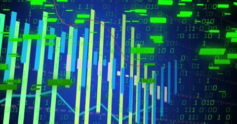 Data pulse sparking bar chart growing binary stream flowing green blocks Stock Footage 328330554