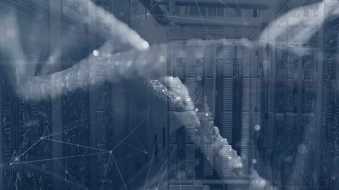 Data pulse sparking double helix sweeping across server racks, undulating and Stock Footage 332577682