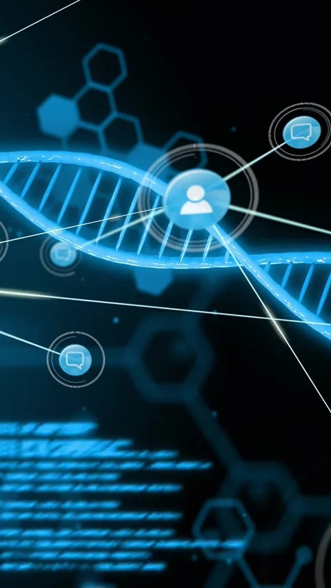 Data pulse starting central node sending links across rotating DNA helix, Stock-Footage 330332791
