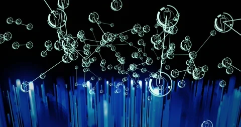 Data pulse starting cyan node cloud spawning linking drifting HUD rings marking Stock Footage 329702246