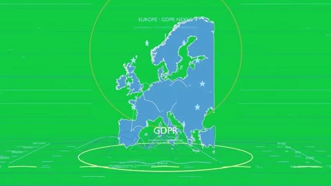 Data pulse starting EU map floating above grid arcs pulsing toward GDPR on Stock Footage 337549780
