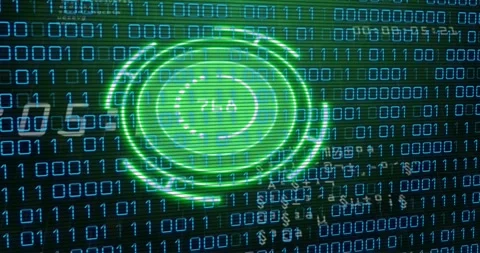 Data pulse starting green HUD, rings rotating and pulsing while binary matrix Stock Footage 329533579