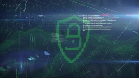 Data pulse starting green pixel shield forming padlock while code blocks Stock Footage 329453757