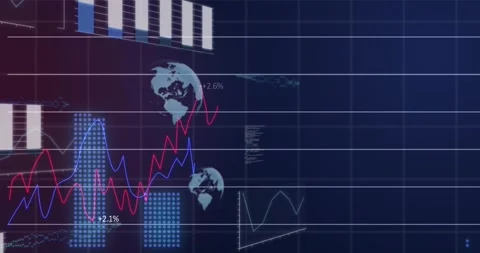 Data pulse starting grid red blue lines rising dotted bars growing globes Stock Footage 329453458