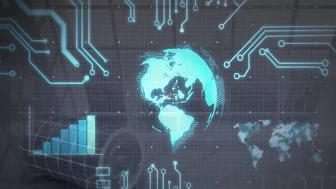 Data pulse starting holographic globe rotating circuits pulsing bars filling Stock Footage 328230398
