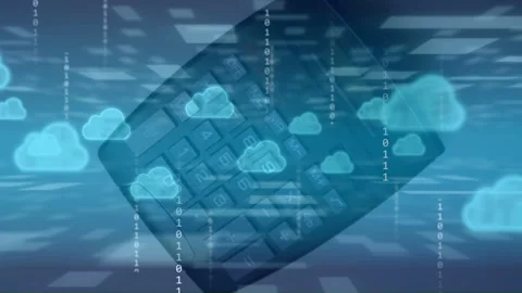 Data pulse starting keypad rotating, fading while clouds drifting, bits falling Stock Footage 335739665