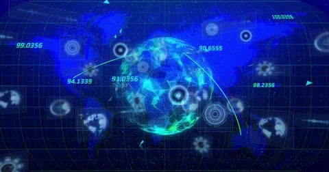 Data pulse starting, low-poly globe appearing, rotating while HUD rings pulsing, イラスト素材