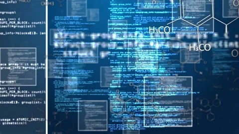 Data pulse starting motion, code panels and molecular sketches drifting, forming Stock-Footage 335732081
