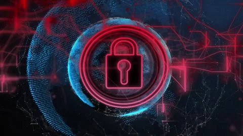 Data pulse starting neon padlock emerging and growing over blue globe and red Stock Footage 335732069